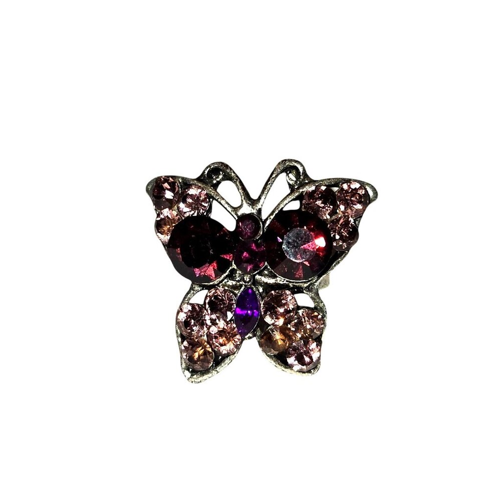 Vintage Butterfly Ring With Pink & Purple Rhinestones On Silver-Tone Band